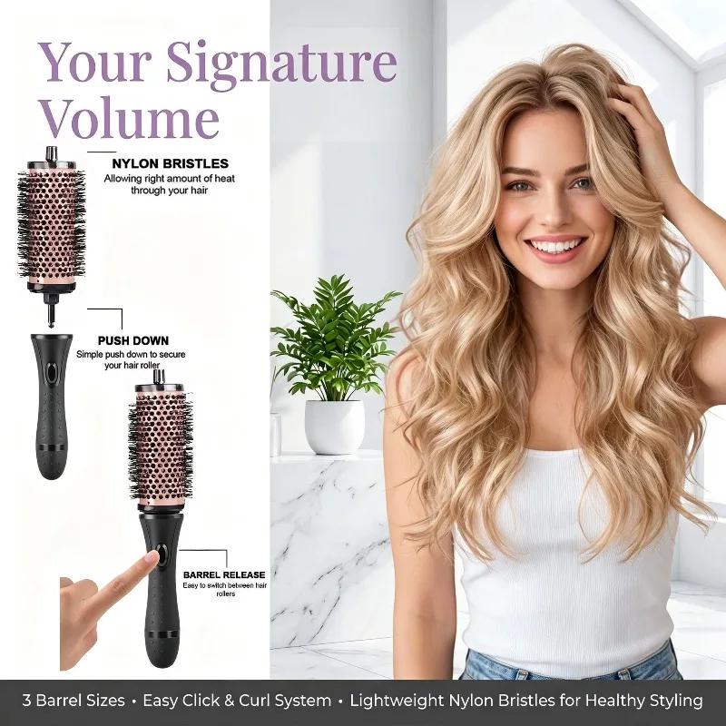 Hair Roller Brush with Positioning Clips for Blow-Drying Styling and Suitable Round Hair Brush Set Detachable Handle
