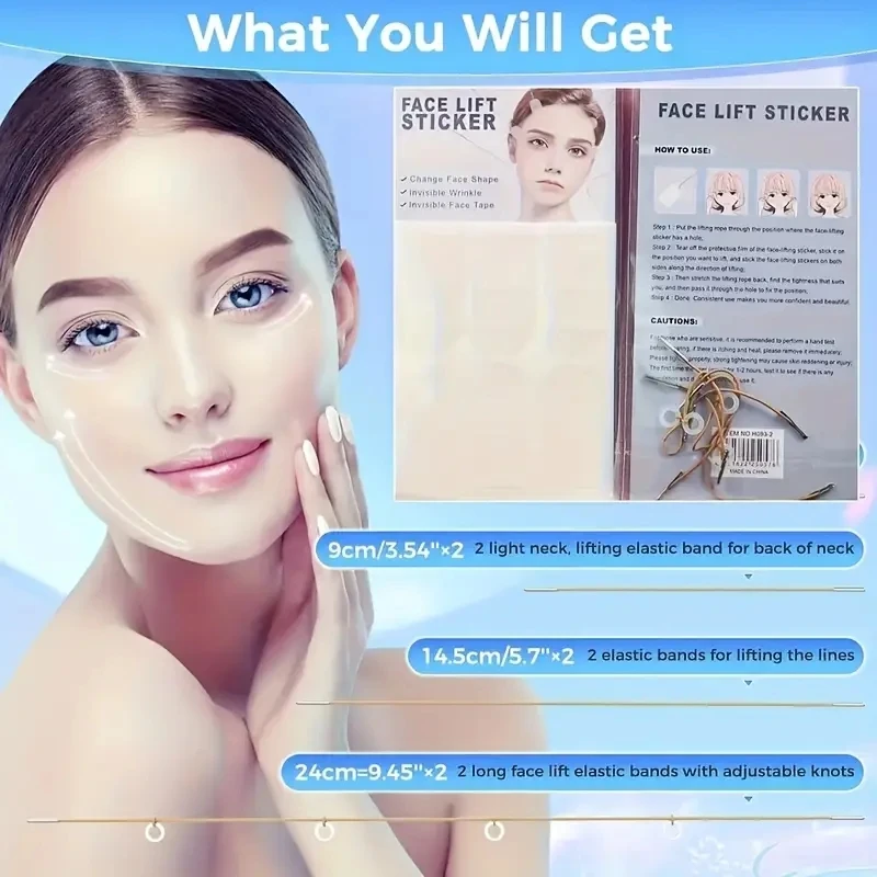 Onzichtbare Face Lift Tape en Band Set, 18-delige hypoallergene, heldere liftende pleisters met 4 verstelbare elastische bandjes