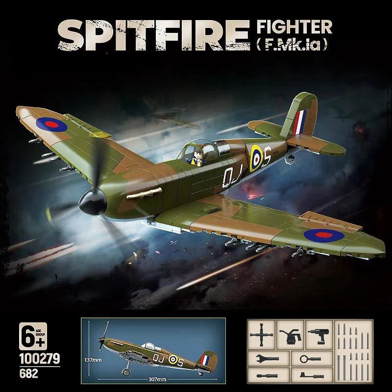 New WW2 Military Weapons Spitfire Fighter (F.Mk. la) Building Blocks Model Army DIY Bricks Soldier Toys For Kids Boy Gift 682PCS