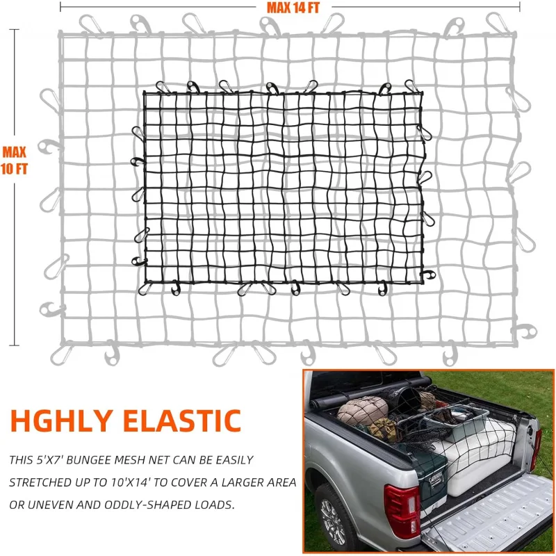 

5x7 Cargo Net Stretches to 10x14 Heavy Duty Latex Bungee Mesh with 14 Carabiners and 14 Hooks for Pickup Truck Bed