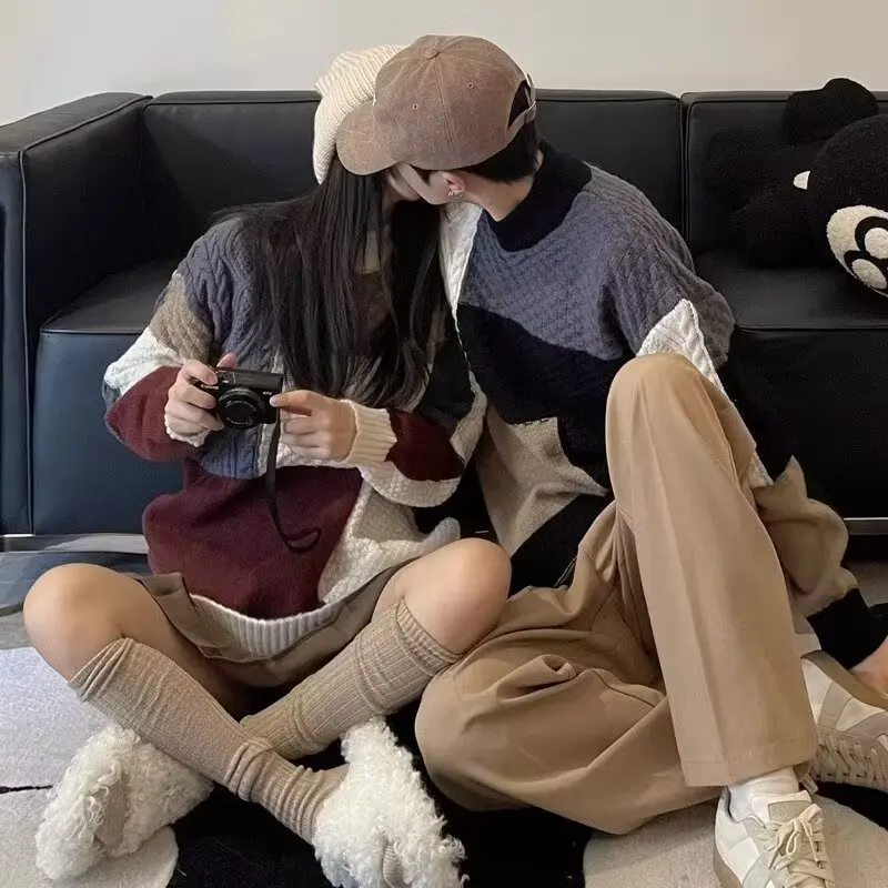 

Мужской вязаный свитер свободного кроя с круглым вырезом и высоким воротником, базовый слой, ретро-колорблок, осень-зима, большие размеры, топ