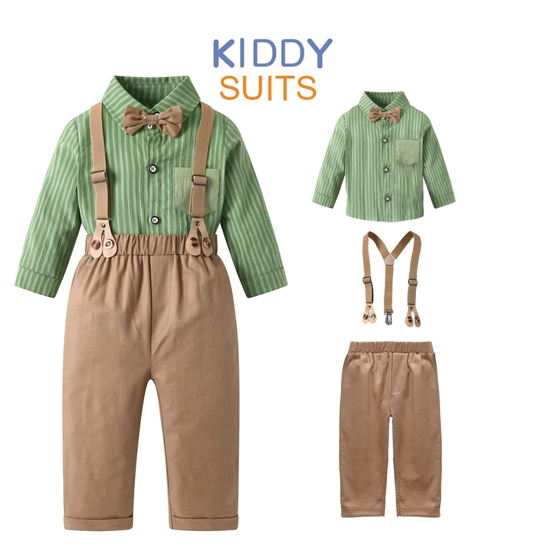 

Boys' Gentleman's Fashion Cotton Two-Piece Suit Autumn Long Sleeve Green Stripes Shirt with Straps And Pants for Wedding Party
