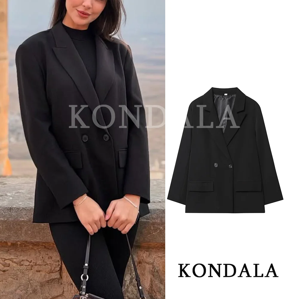 

KONDALA Commute Double Breasted Suit Women Classic Trendy Black Lapel Blazer Coat 2026 Spring Summer Fashion Modern Lady Blazer