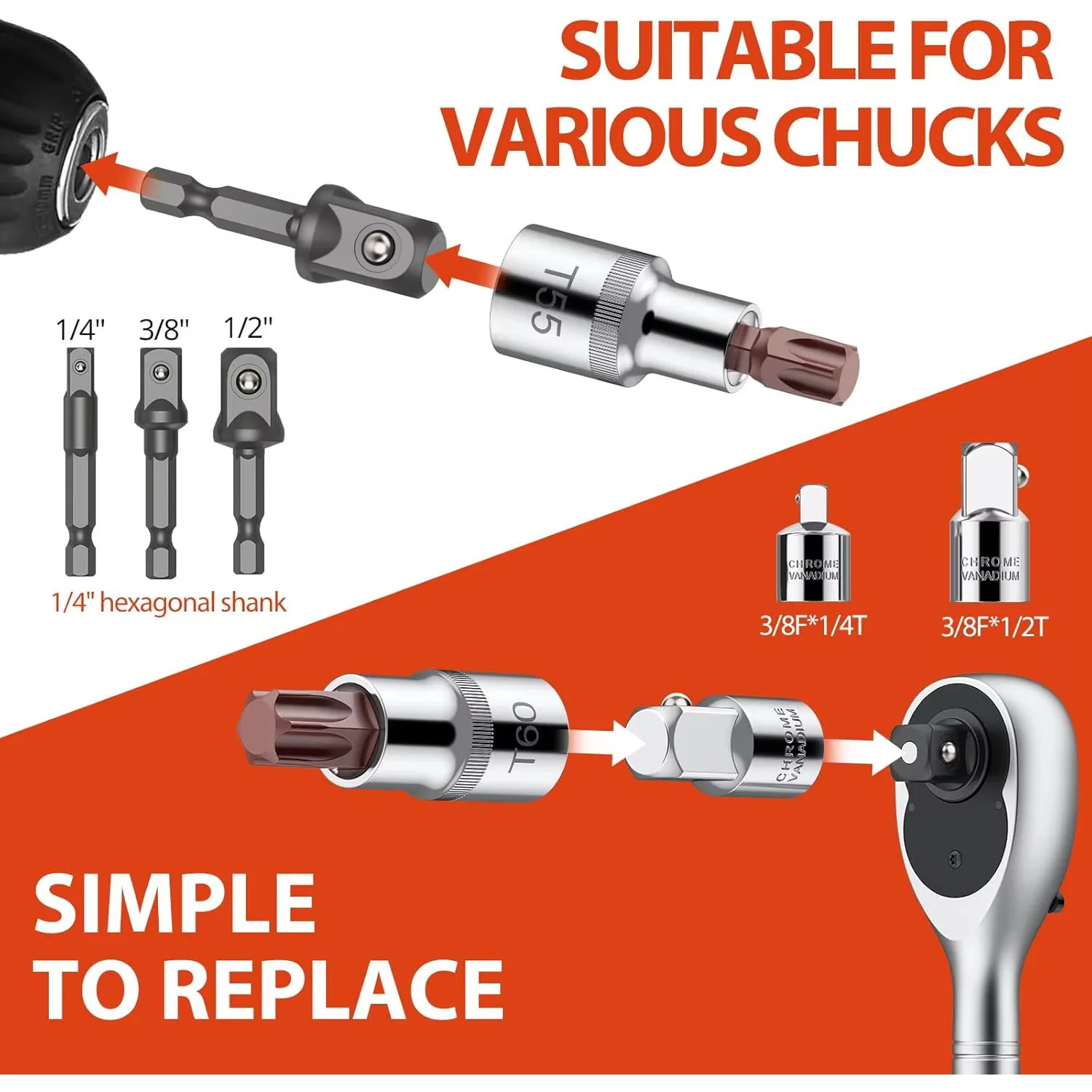 15PCS TX Star Bit Socket Set multifunzione durevole S2 acciaio T10-T60 1/4 3/8 1/2 pollici con custodia per riparazione camion auto