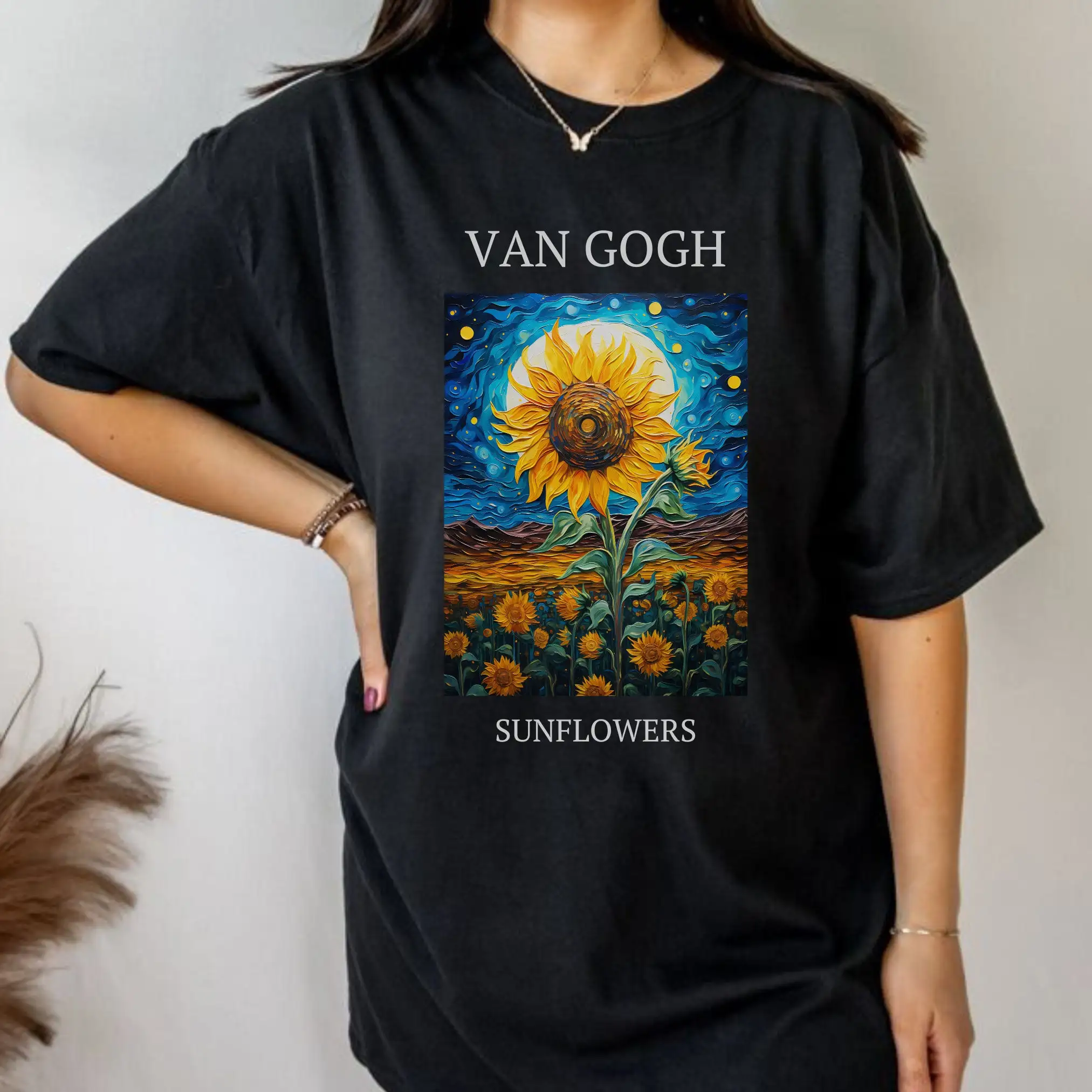 Van Gogh Slogan Women T-shirt Vintage Fashion Sunflowers Oil Painting Print Female Shirt New Fashion Individuality Girl Tee