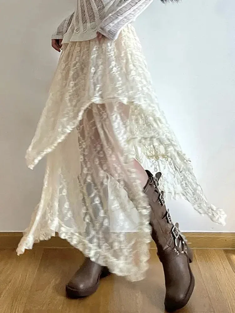 Jupe asymétrique en dentelle Fairycore pour femmes, Vintage Y2K Boho, mode esthétique, taille haute, mi-jupe de vacances en maille, jupe trapèze