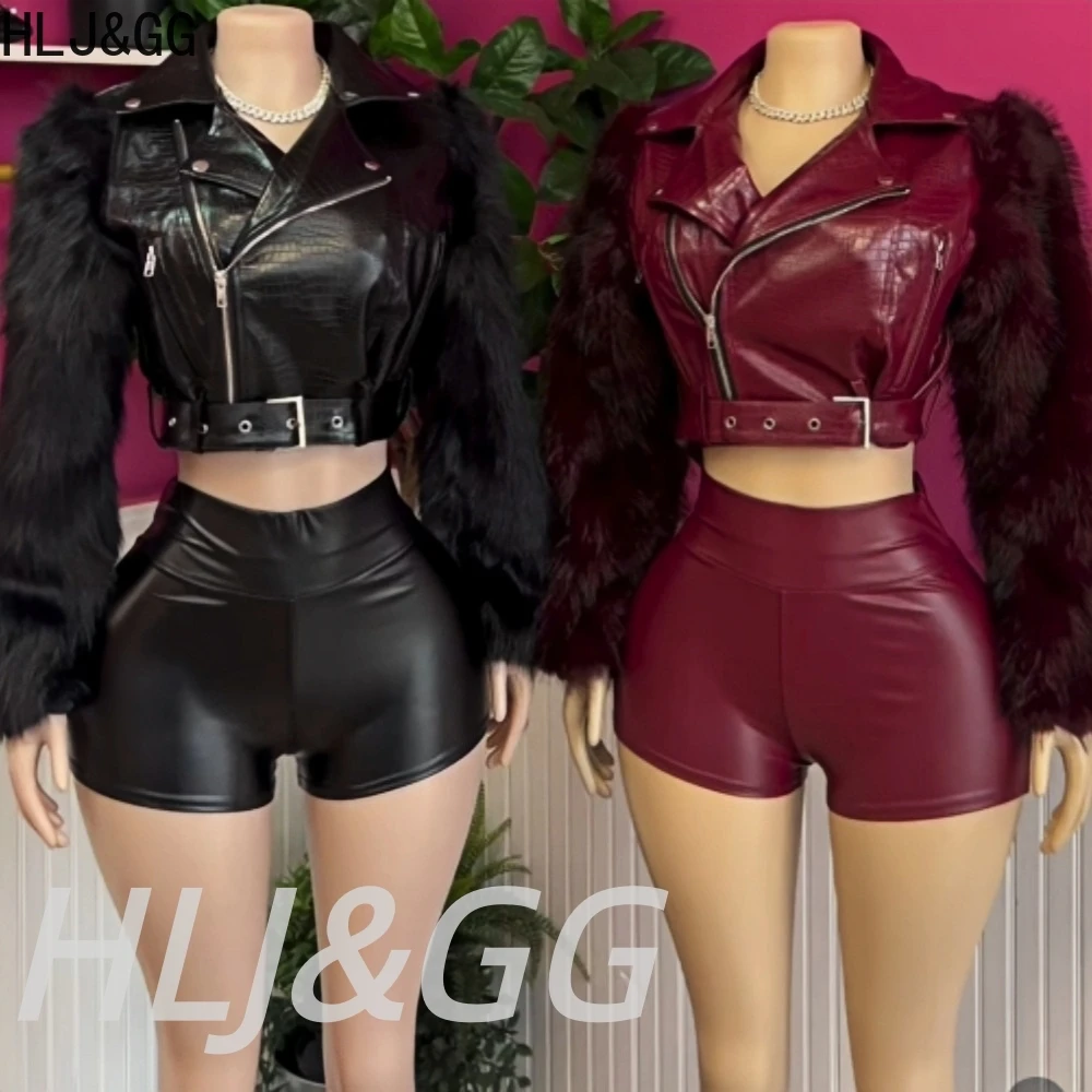 HLJ&GG Trend Fashion Fur Patchwork Leather Jacket  Two Piece Sets Women Long Sleeve Coat And Shorts Outfit Y2K Female Streetwear