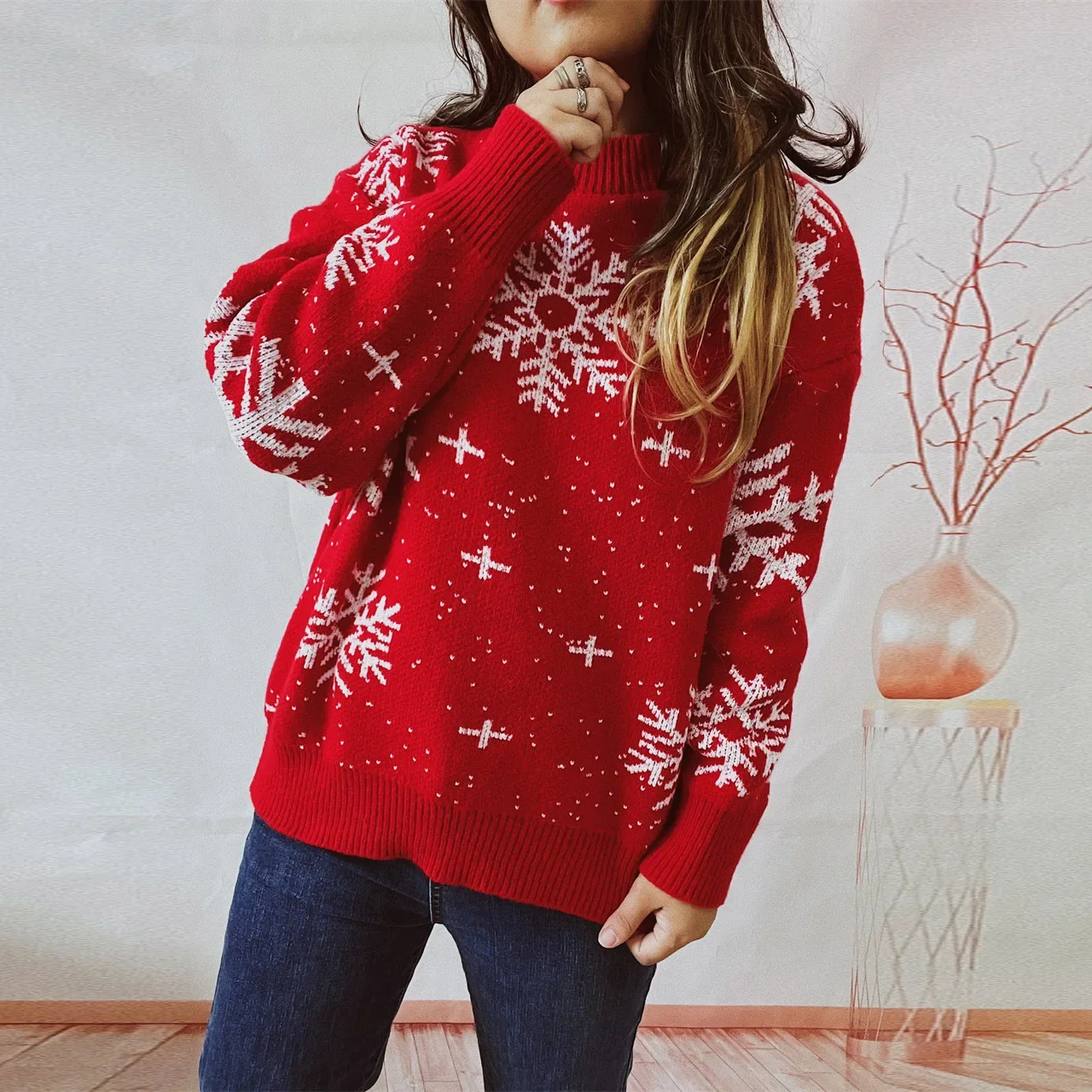 Thickened 2023 Amazon Cross-border Autumn/winter New Year Sweater Christmas Snowflake Round Neck Long Sleeve Knit Pullover Shirt