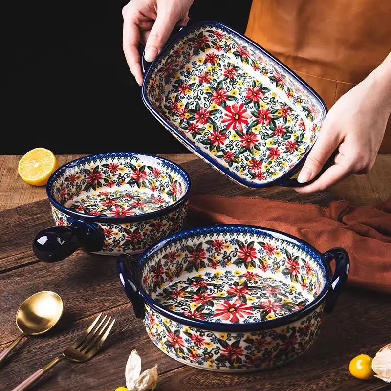 Polish Bowl and Plate Ceramic Tableware Household Creative Bowl and Plate Old-fashioned Retro Soup Bowl Noodles Bowl