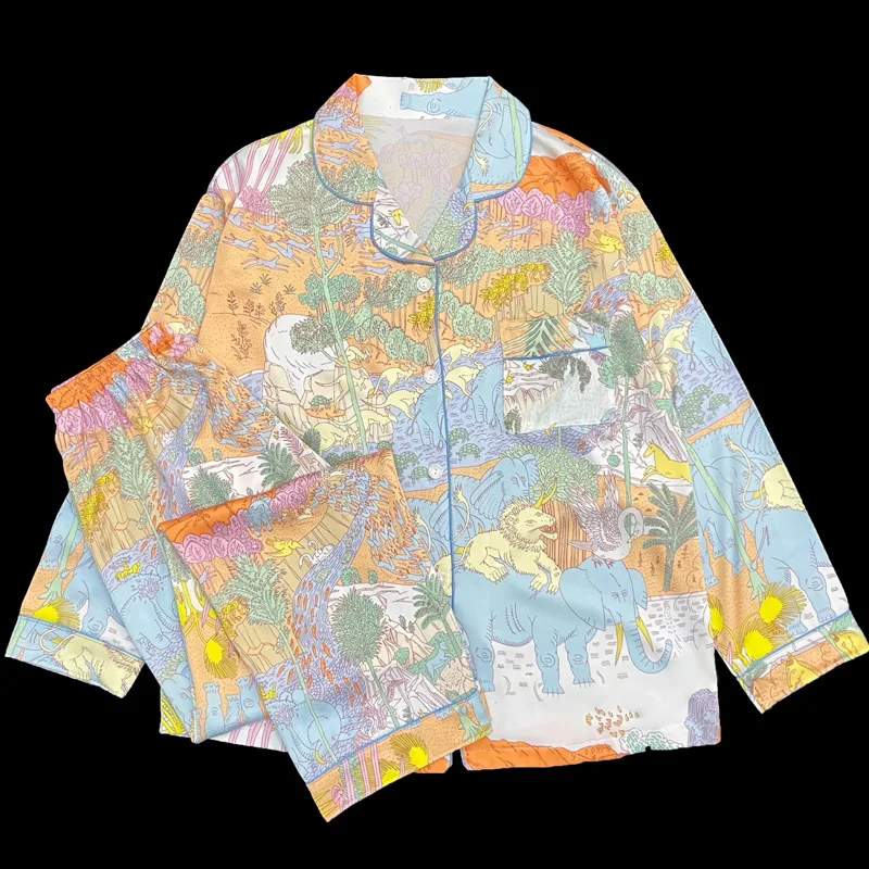 Pigiama giungla colorato di alta qualità primavera ed estate Cardigan a maniche lunghe abito da casa in raso di seta di lusso Homewear Soft Cool Pjs