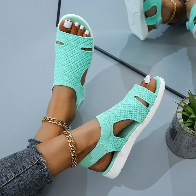 New Summer Women Sandals fashion Stretch flying weave Rhinestone Casual Woman Flats 2022 Ladies Beach Shoe Big size 36-43