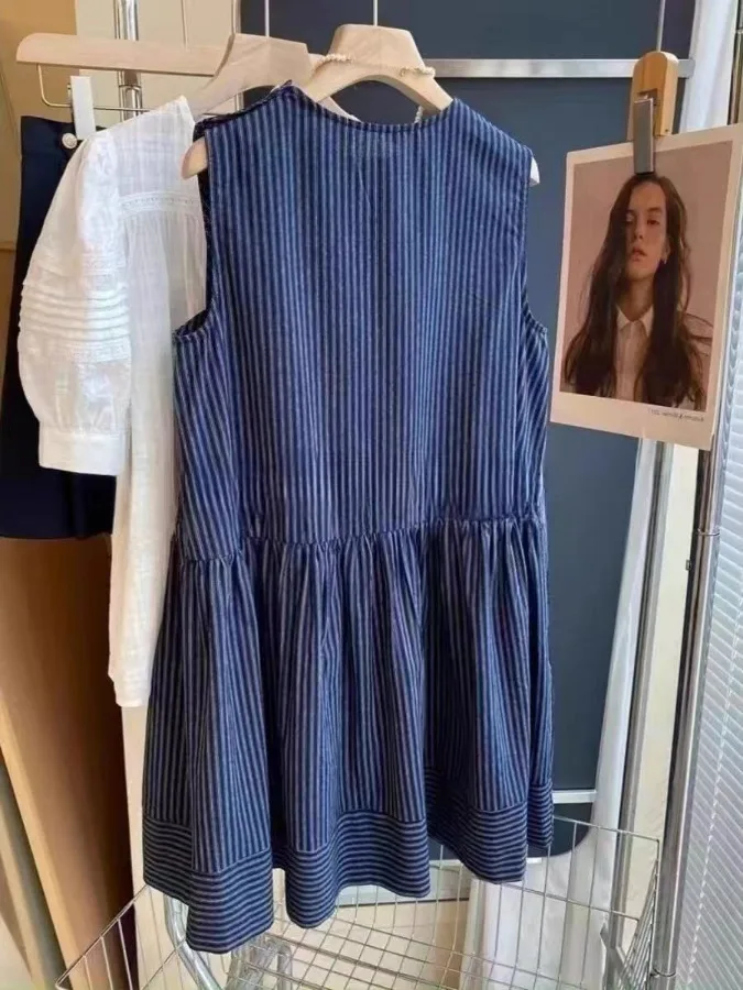 한국 스타일 코튼 린넨 블루 스트라이프 민소매 셔츠 드레스 여성 디자인 여름 느슨한 다목적 조끼 드레스 여성