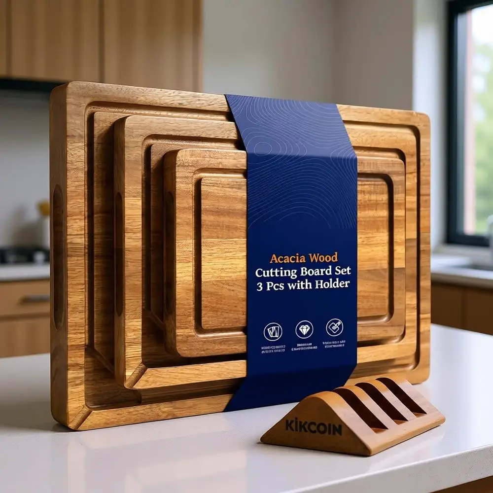 

3-Piece Wooden Cutting Board Set with Holder, Built-In Compartments & Juice Groove, Solid Charcuterie Serving Tray