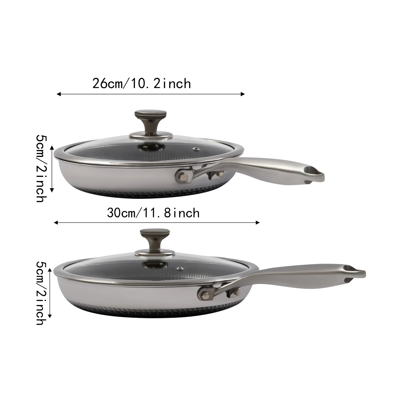 

2Pcs 11.8*2in+ 10.2*2in Stainless Steel Fry Pan, Fry Pan with Handle, Fry Pan with Lid for Kitchens, Apartments, Food Stalls