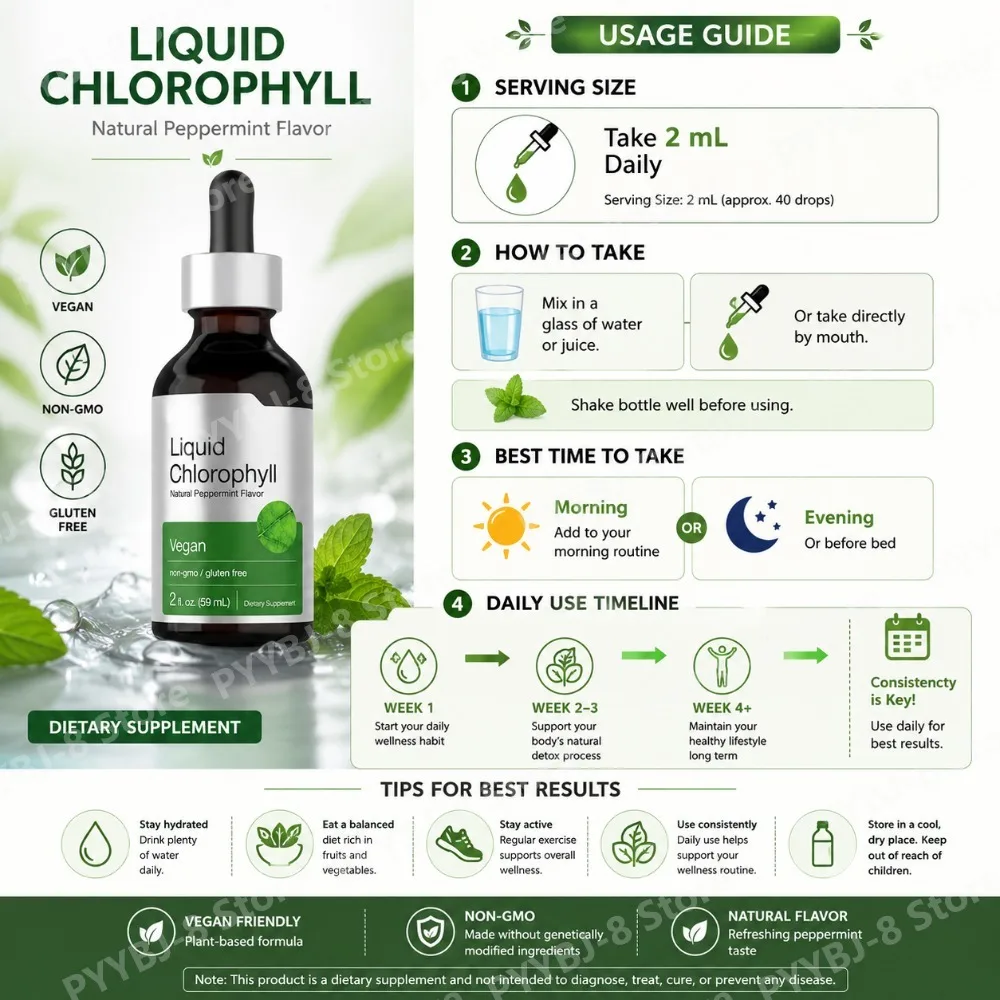 Chlorophyll Liquid Drops 50mg, Natural Peppermint Flavor, Vegan and Gluten Free Supplement, 59ml, 29 Servings, Daily Wellness