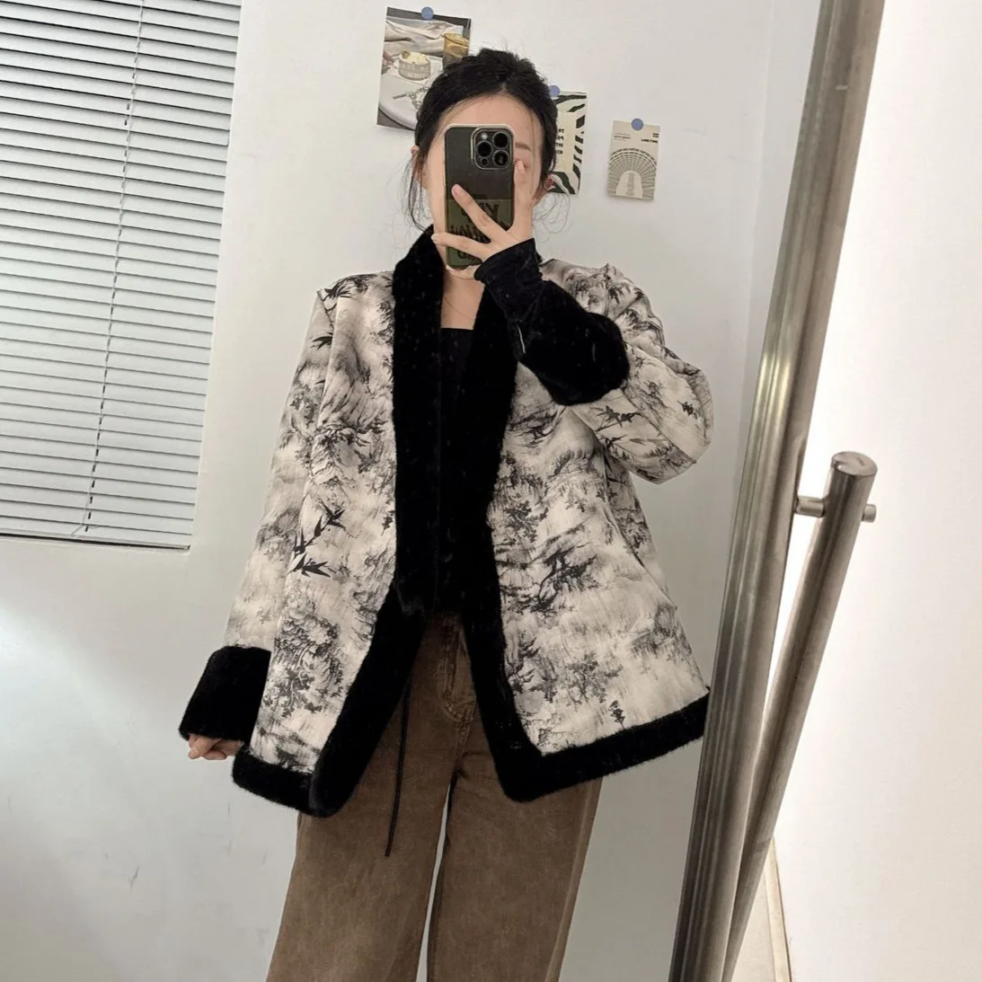 Novo estilo chinês imitação de pele de vison casaco de camurça mulheres jaquetas de pele de inverno pintura a tinta grosso quente fofo jaqueta roupas femininas