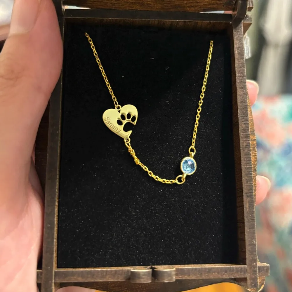 Personalized Paw Print Heart Birthstone Necklace Custom Engraved Name Paw Print Necklaces Pet Memorial Jewelry Animal Lover Gift