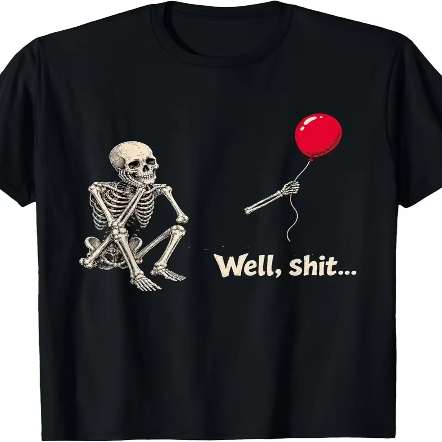 Modijoy Men'S And Women'S Short Sleeve T-Shirt, Well Shit Funny Skeleton Red Balloon Meme Halloween Graphic Print, Round Neck Short Sleeve 100 T-Shirt Digital Heat Transfer Casual T-Shirt lightweight tshirt, unisex t-shirt