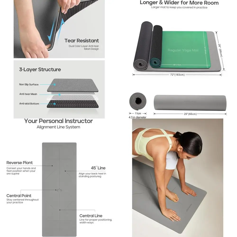 

Экологичный коврик для йоги из TPE с функцией выравнивания тела, нескользящая поверхность, 72x26, толщина 1/4 дюйма