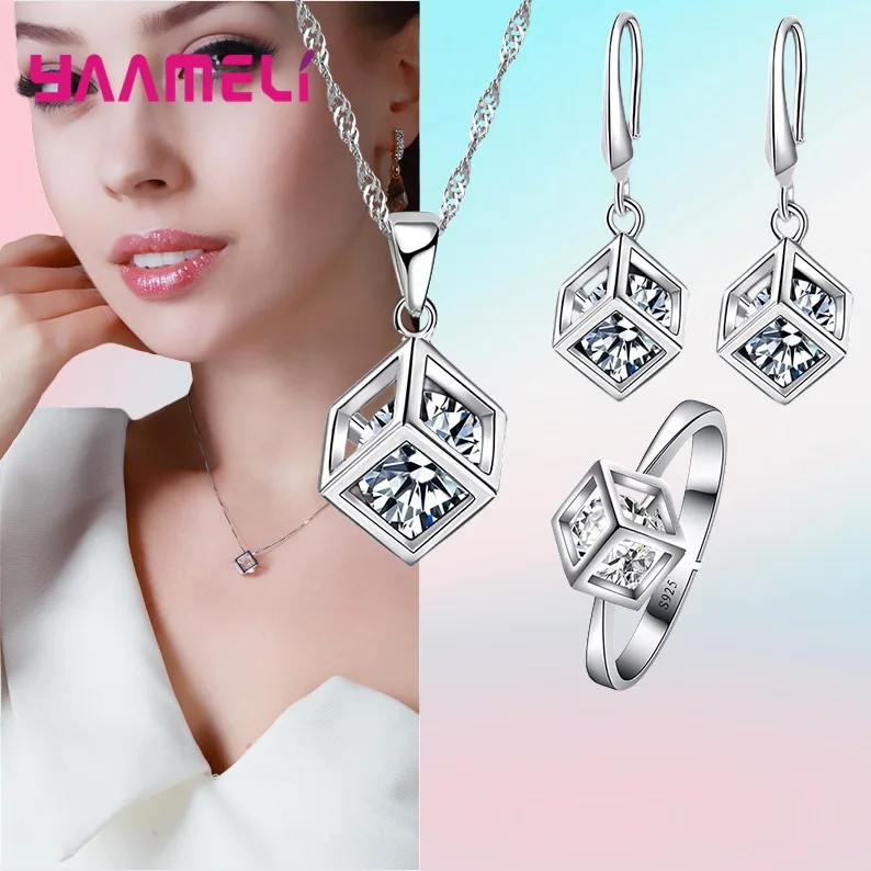 Top Sale 925 Sterling Silver Color Jewelry Gift Set Cube Cubic Zircon Necklace/Earrings/Bracelet/Ring for Wedding Engagement