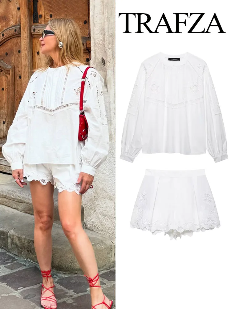 

TRAFZA Summer Women Chic Hollow Embroidery Decoration O-Collar Blouses Top+Fashion Solid High Waist Pleated Casual Shorts Sets
