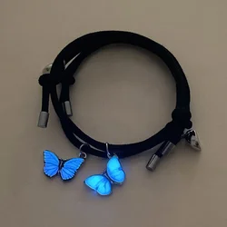 Glow in the Dark 2PCS Butterfly Couples Luminous Bracelet For Women Black Rope Charm Friendship Girlfriend Party Jewelry Gift