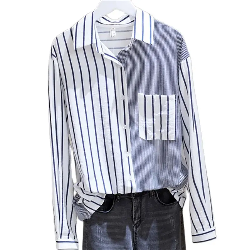 

Real Stitching Striped Long-Sleeved Shirt Women's Design Sense Niche 2023 Loose Shirt Top Tide Elegant And Youth Woman Blouses