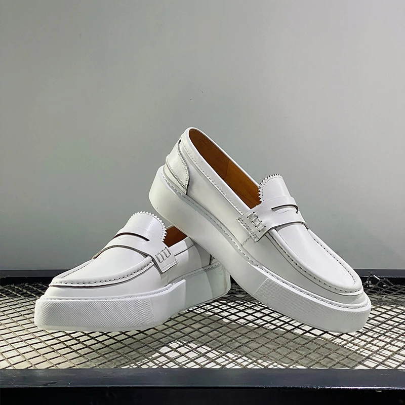 White Leather SlipOn Loafers Round Toe Chunky Platform Sole Men Fashion Casual Business Daily Streetwear Office Dress Footwear