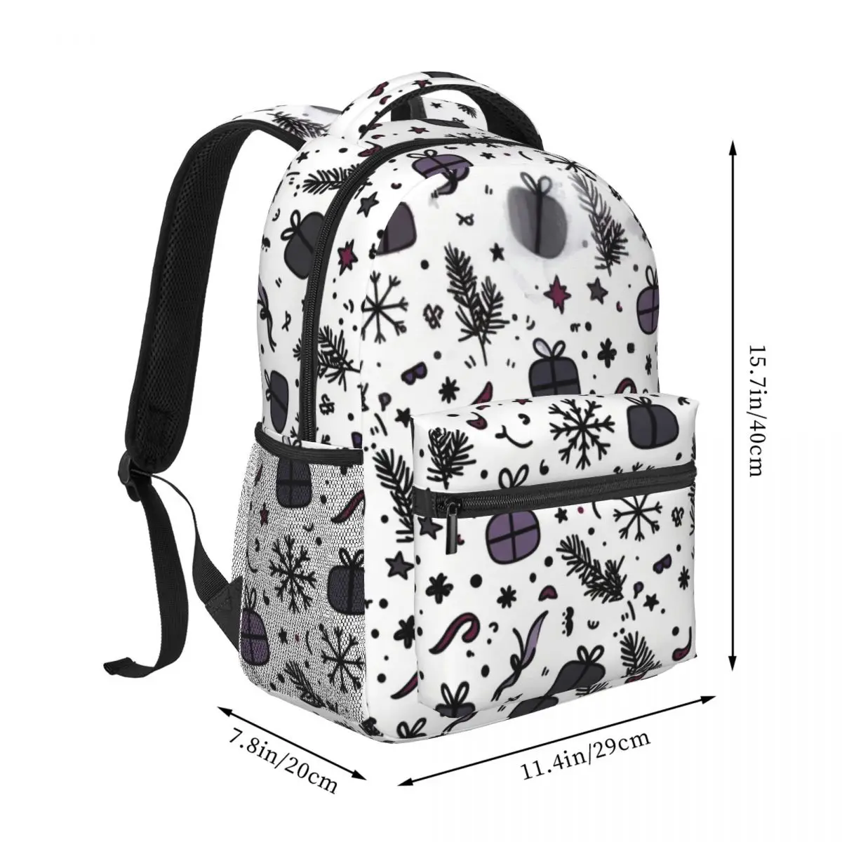 Galaxy Space Print Backpack Tossed Snowflake Pine Gift Box Star Goth Punk Black White Winter Daypack for School College Daily