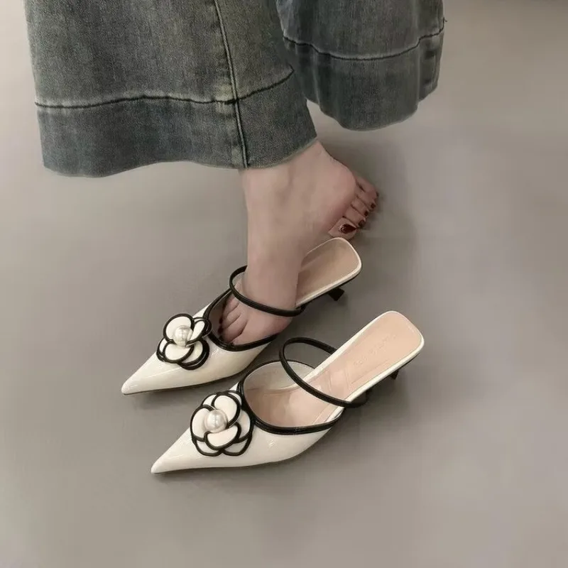 Fashionable Universal Pointed Toe Summer New Women's Fish Mouth Leather Surface Thin High Heel Slip-On Sandals PU Inner Rubber