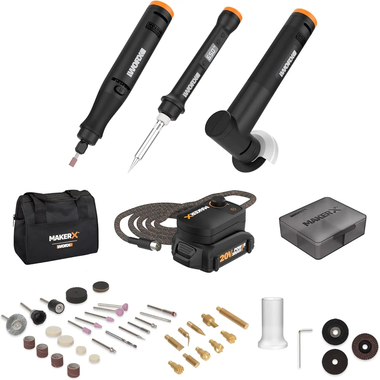 Makerx Wx991L 3Pc Crafting Tool Combo Kit - Rotary Tool + Angle Grinder + Wood & Metal Crafter