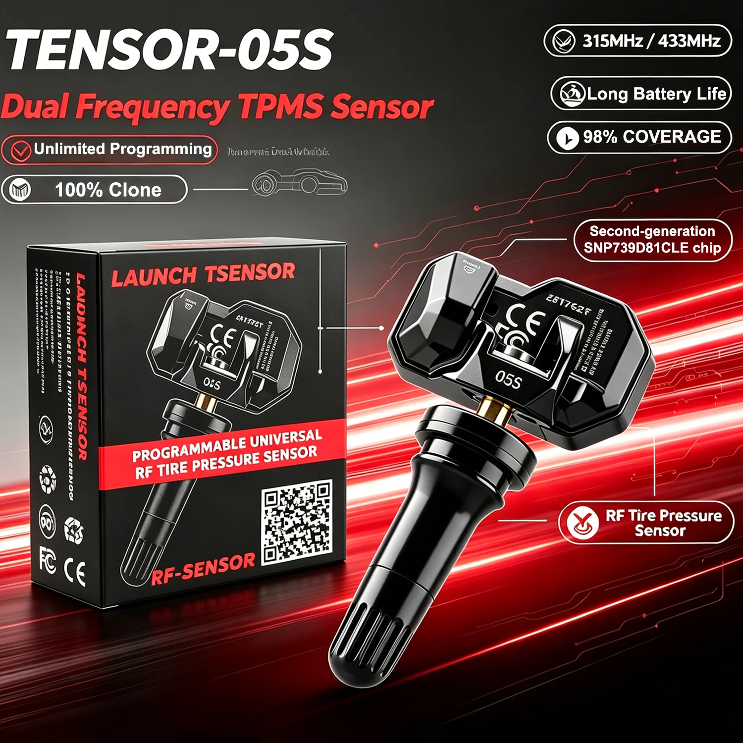 Датчики LAUNCH X431 TSENSOR 05S (резиновые/металлические) 2-в-1, радиочастотные (RF) 315 МГц/433 МГц, для ремонта шин TPMS, совместимы с LAUNCH TSGUN I-TPMS