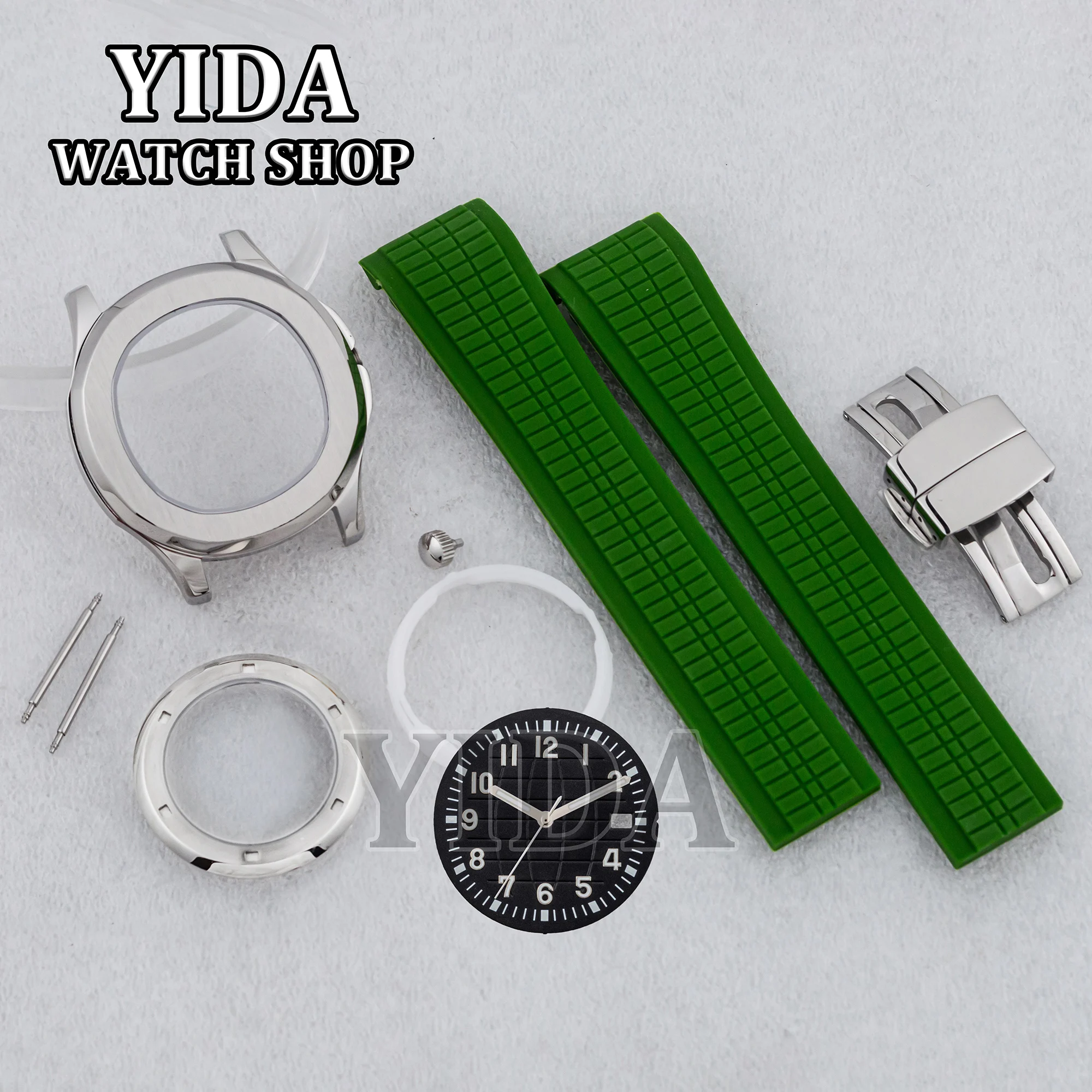 

42MM Stainless Steel Watch Case Green Rubber Strap 32MM Luminous Dial Hands for AQUANAUT Nautilus NH35 NH36 Movement Accessories