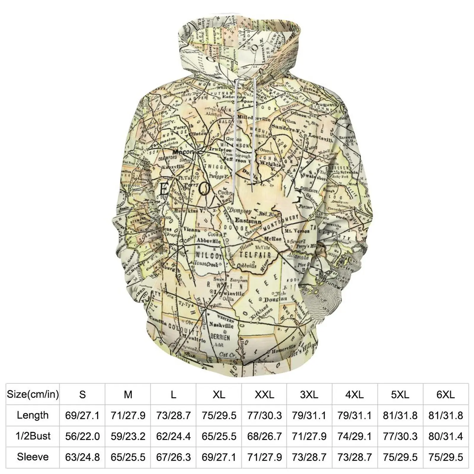 Georgia Antique Map Loose Hoodies Travel State Streetwear Hoodie Men Long-Sleeve Kawaii Design Sweatshirts Large Size 5XL 6XL