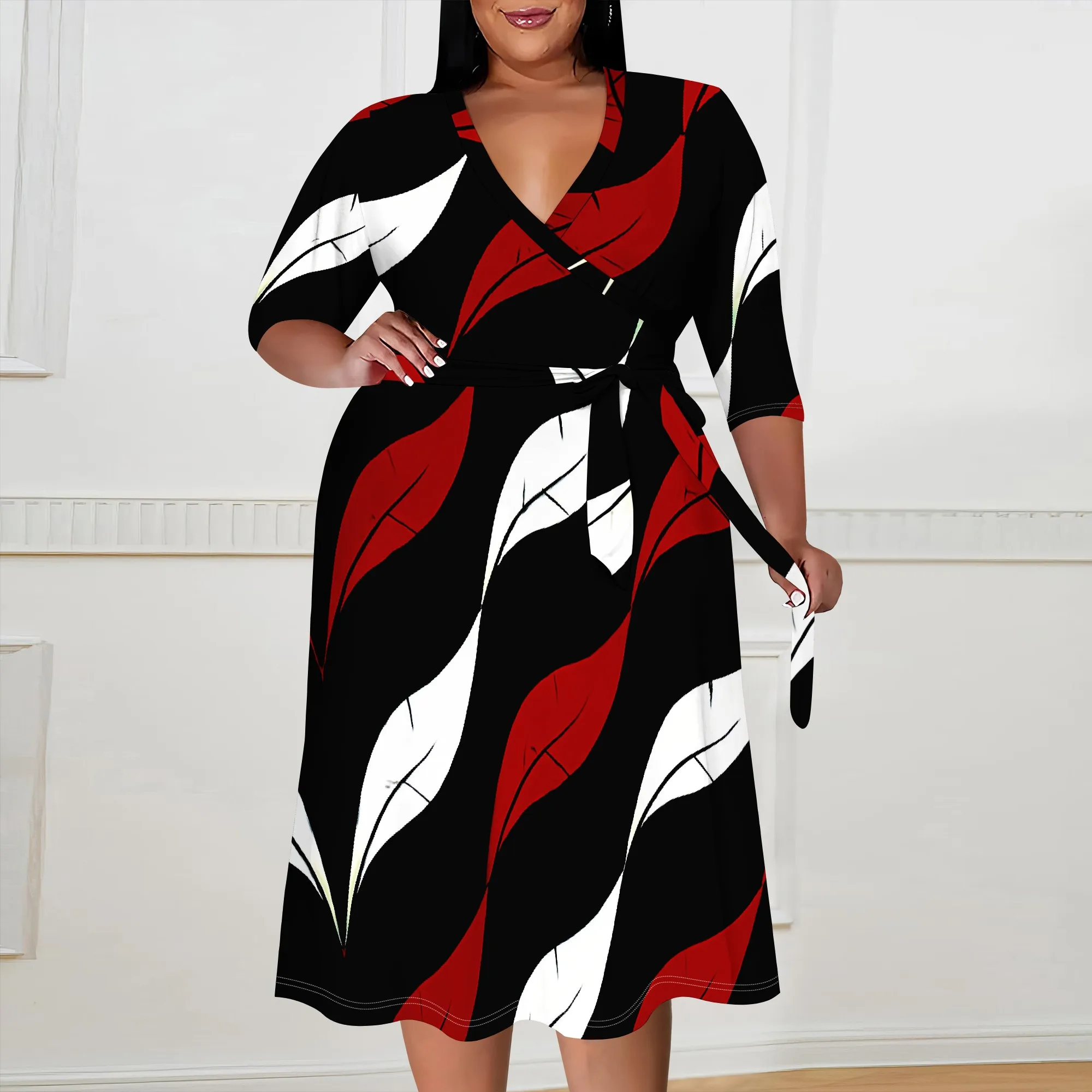 

Plus Size V-Neck Wrap Dress, Red & Black Leaf Print, Tie Waist 3/4 Sleeve, Perfect for Fall Parties & Holidays (XL-6XL)