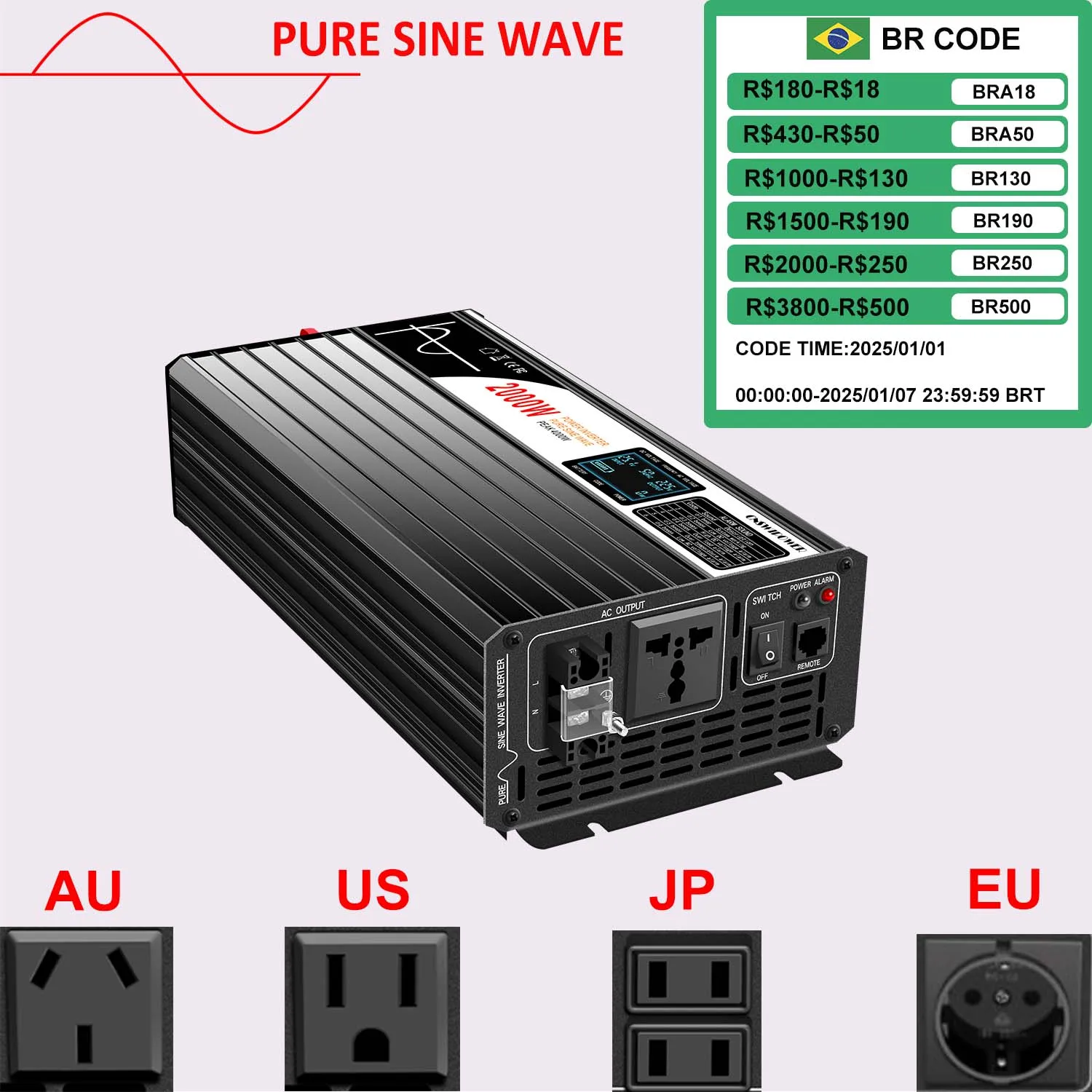 

2000W pure sine wave solar power inverter DC 12V 24V 48V to AC 110V 220V LCD display