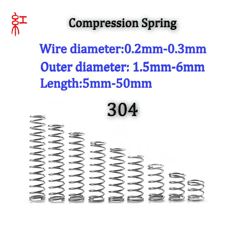 304 Stainless SteelWire Diameter 0.2/0.3mm Cylidrical Coil Compression Spring Return Compressed Springs Release Pressure 10 Pcs