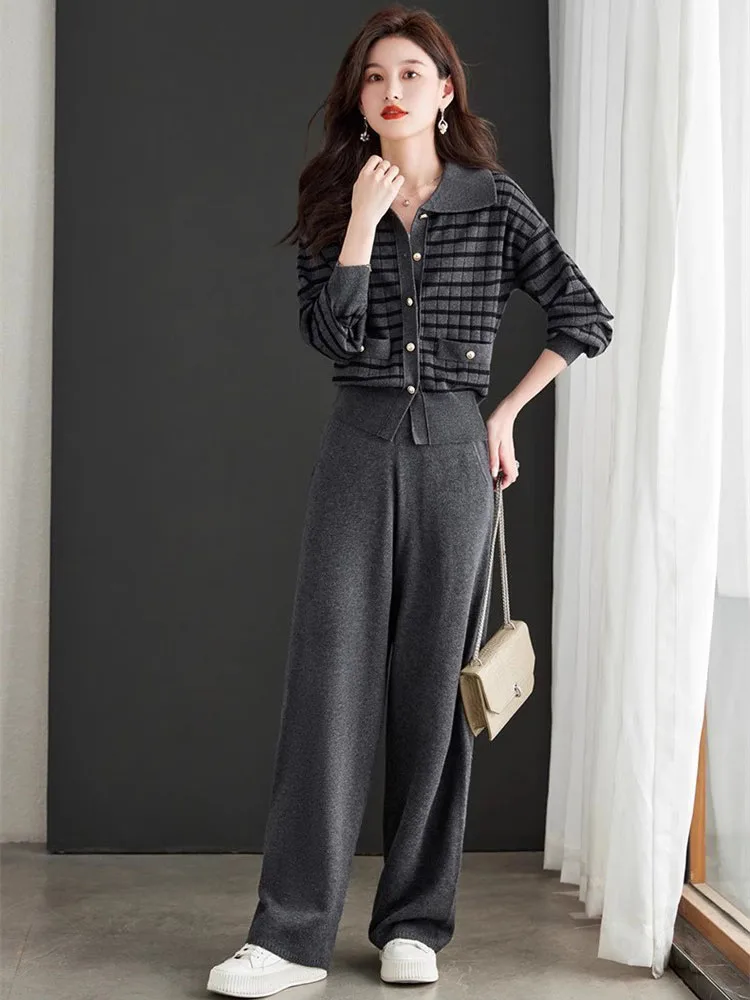 Casual Knitted Sweater 2 Pieces Sets Korean Stripe Knitwear Cardigan Slim Tops Conjuntos High Waist Baggy Wide Leg Pants Suits