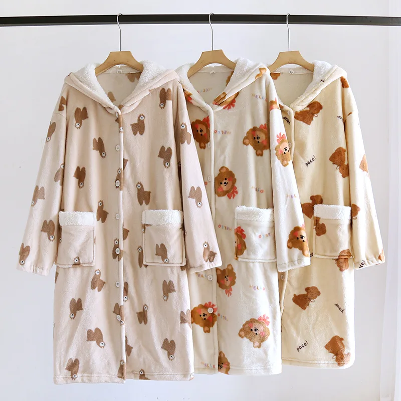 

Autumn Winter Season Flannel Nightgown Ladies Thickened Fleece Hooded Cartoon Nightgown Coral Fleece Pajamas Sleepwear Bathrobe