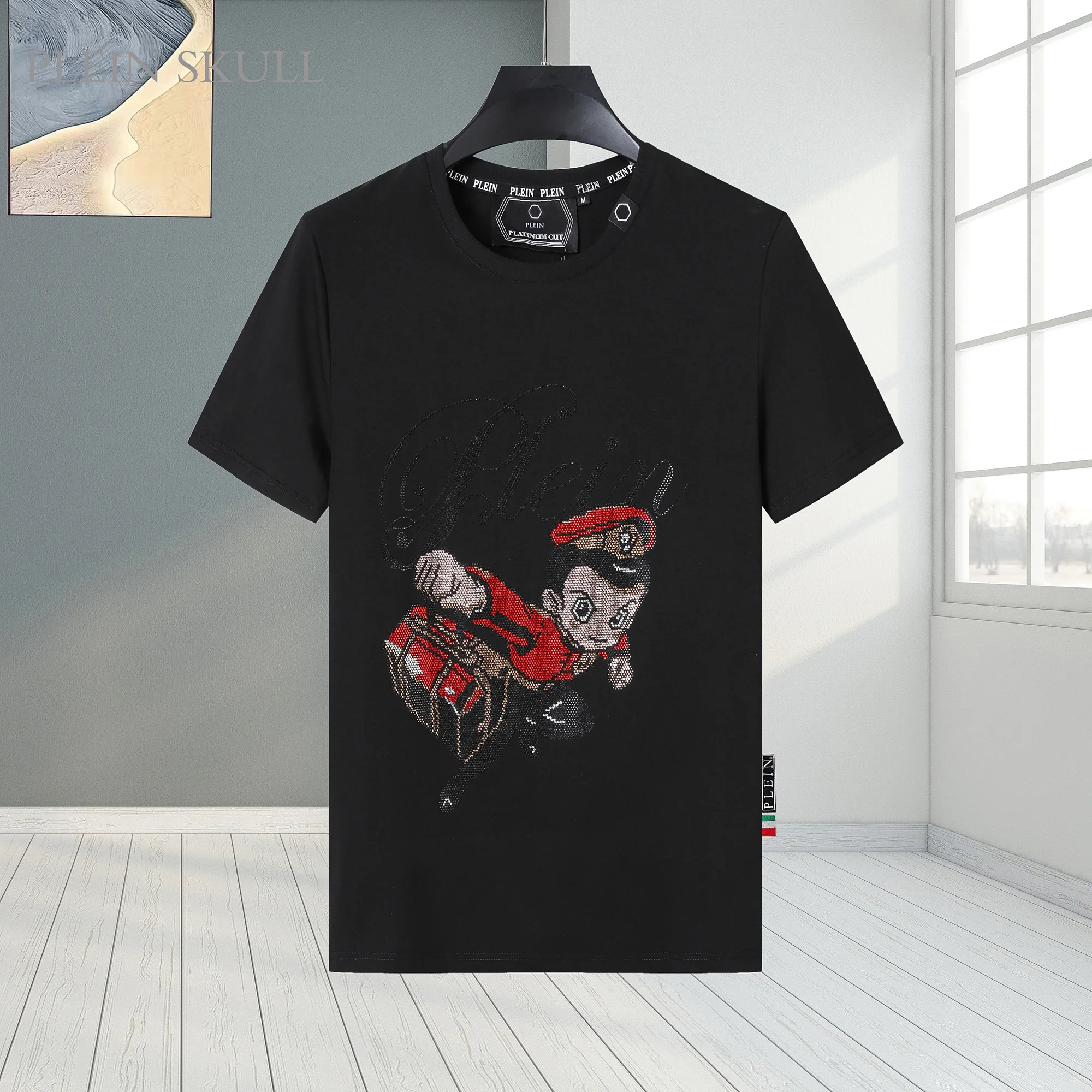 Stylish Black Astro Boy Rhinestone T Shirt for Men Short Sleeve Crew Neck Casual Streetwear Tee Summer Pure Cotton Tunk top