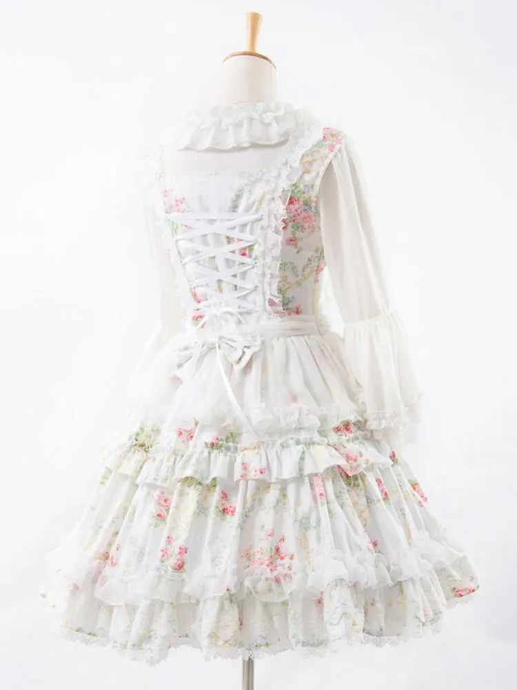 Lolita Dress Sleevelss White Elegant / Vintage Floral Print and Ruffles Lolita Jumper Skirt