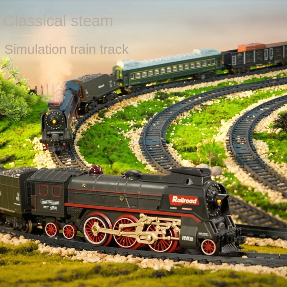 Train Électrique En Alliage Métal Rouge Avec Locomotive à Vapeur, Lumière, Son Et Fumée - Kit Complet Avec Rails Et Puzzles Pour Enfants Dès 3 Ans