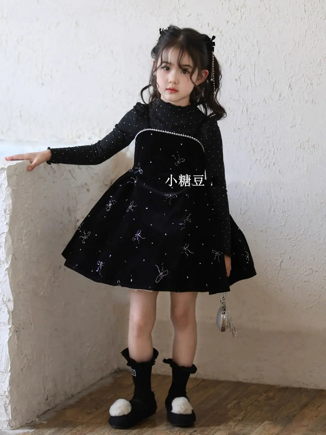 

Korean Girls Dress Set 2025 Autumn New Black Velvet Sparkling Suspender Dress Girls Pearl Fluffy Princess Dress Two Piece Set