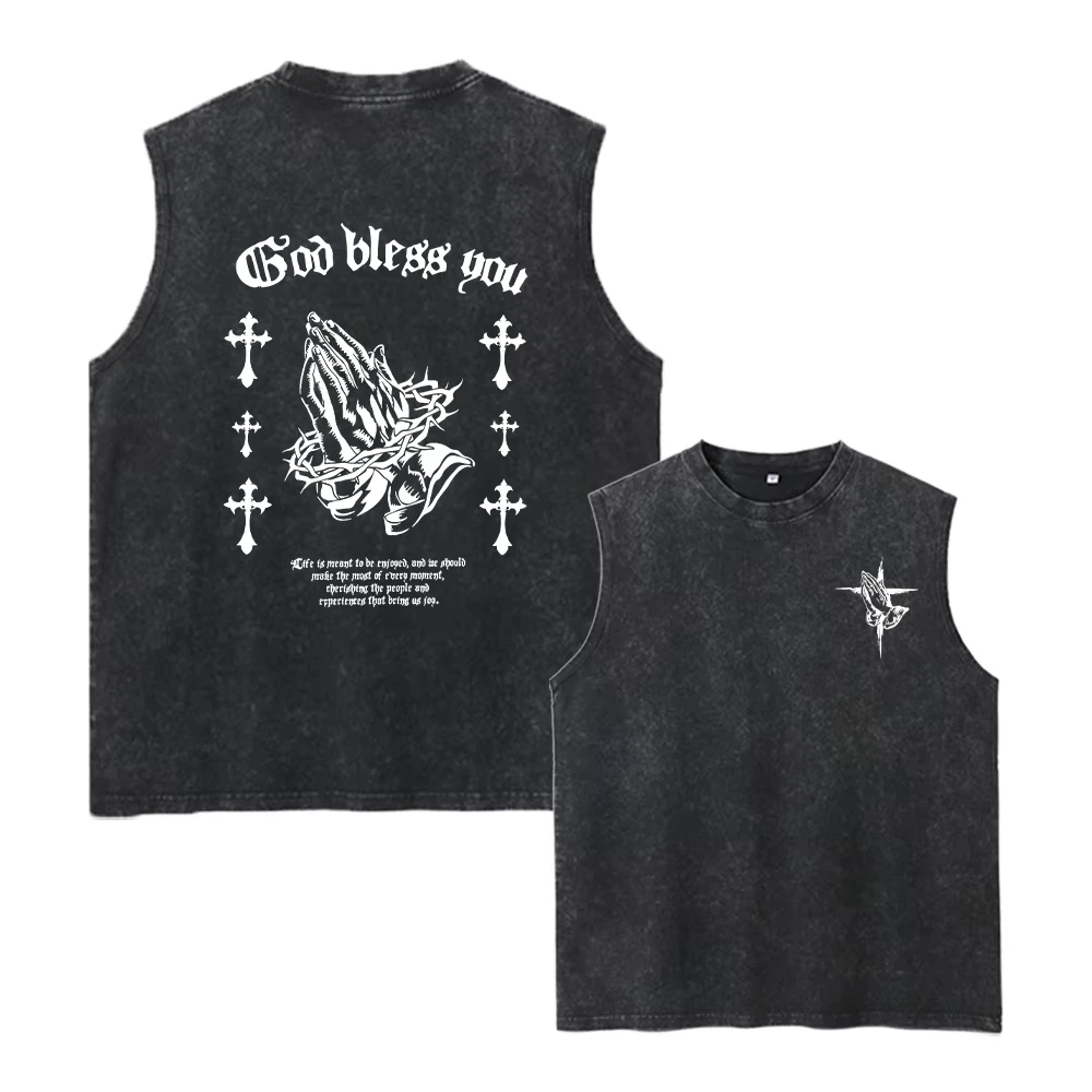 2026 New Y2K Retro Gothic Prayer Hand & Cross Print Sleeveless T-Shirt Men Washed Cotton Oversized Tank Top Streetwear Vest