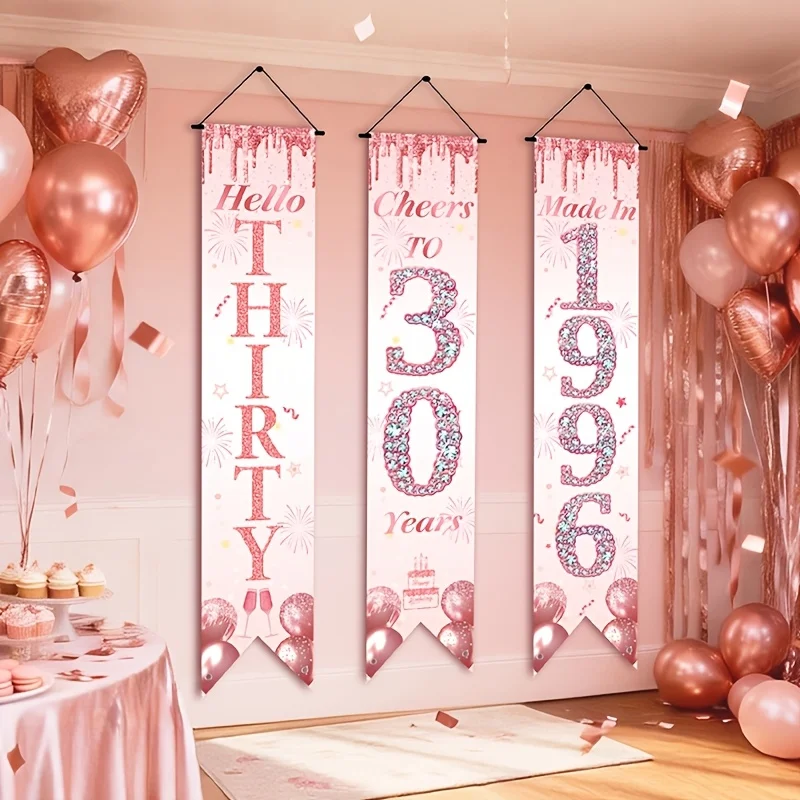 2D Flat 3Pcs Pink Gold 30th Birthday Door Banner Set, Balloon & Fishtail Design, Indoor Outdoor Home Party Hanging Decor - view 6