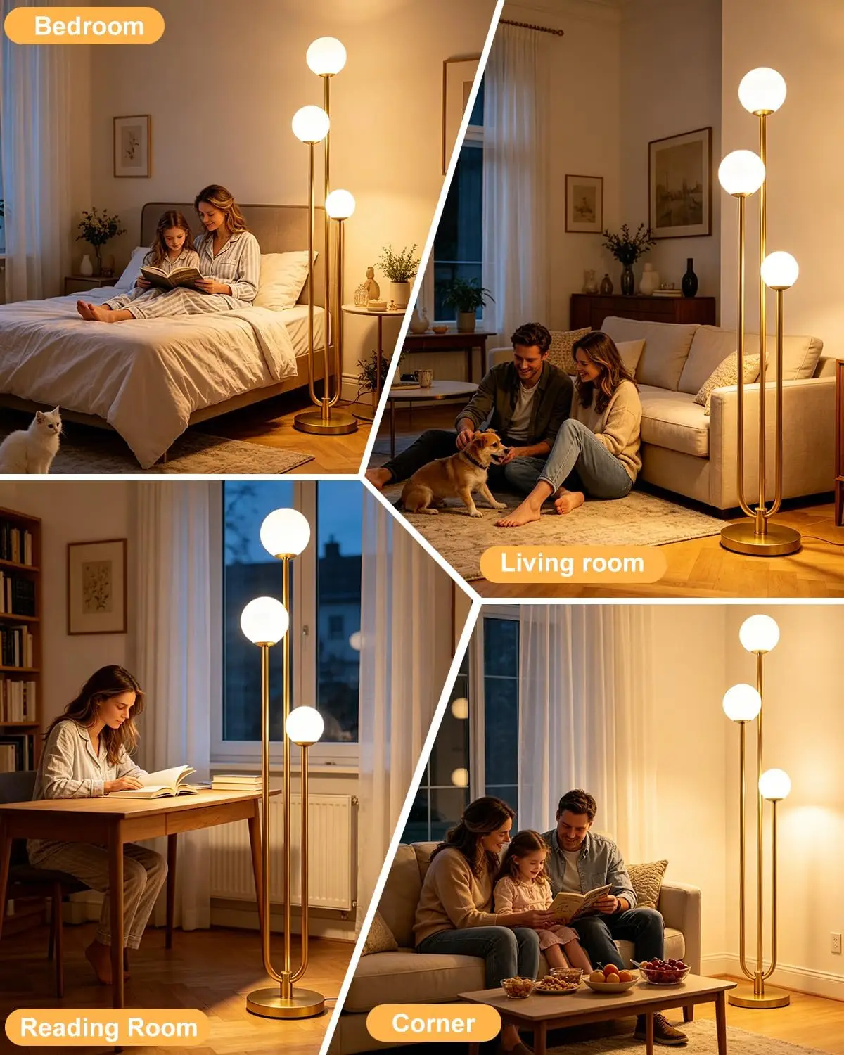 63‑Inch Mid‑Century‑Modern Unique Gold‑Tone 3‑Light Dimmable Tall Standing Floor Lamp, 5‑Lb Heavy‑Base, 3000K G9 Bulbs Included, Reading Lamp for Living‑Room, Bedroom & Home‑Office