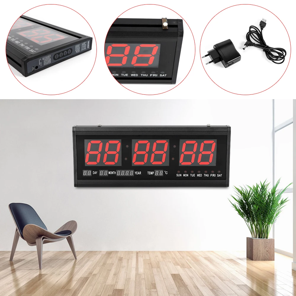 48*19*4 cm Large Jumbo Eletric Digital LED Wall Clock Desk Calendar Temperature Humidity Date