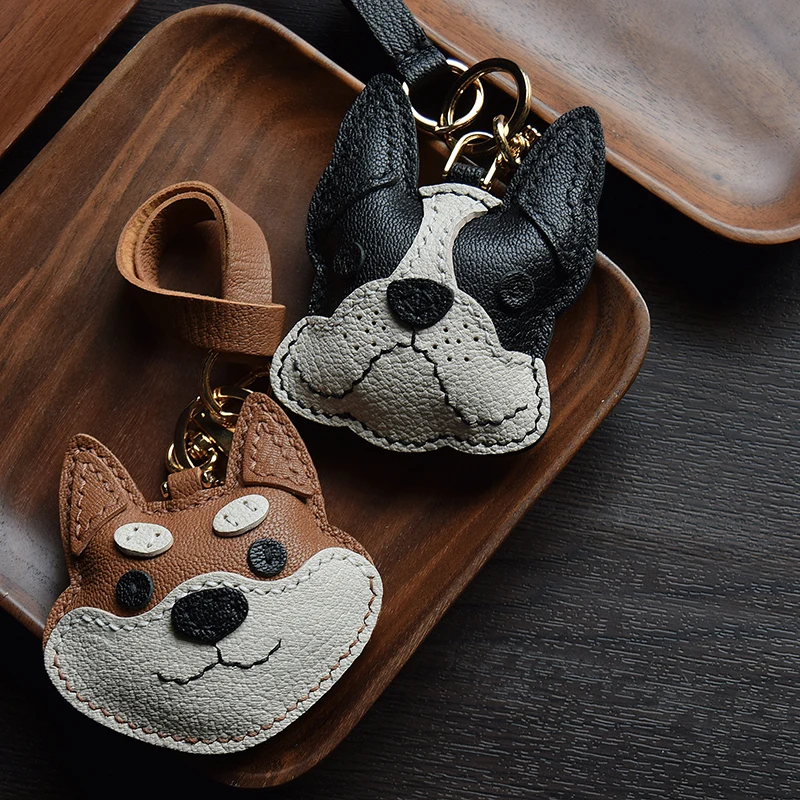 French fighting dog Shiba Inu original handmade leather bag keychain simple and cute Christmas gift keyring