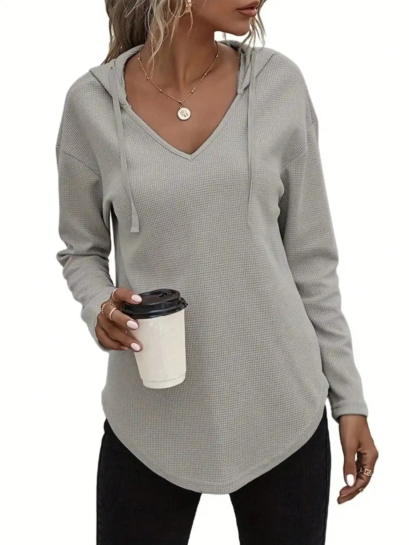 Plus Size 1XL-5XL New Women's Fashion V-neck Long Sleeve Hoodie Sweatshirt Ladies Casual Drawstring Pullover Top