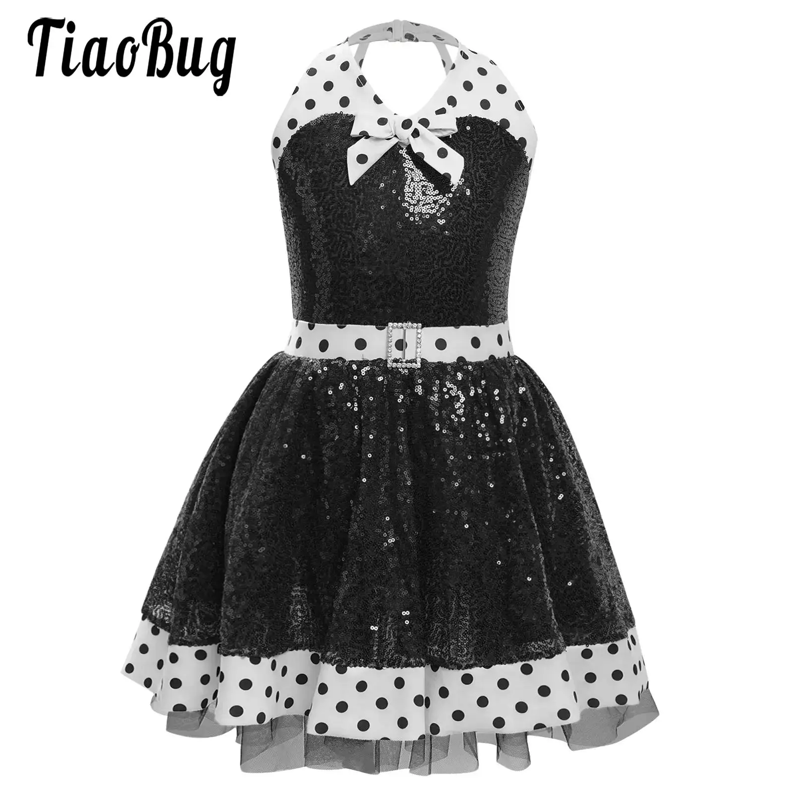 Girls Sequined Tutu Dress Party Princess Gown V-neck Sleeveless Backless Dots Dress Ballet Modern Dance Performance Costume
